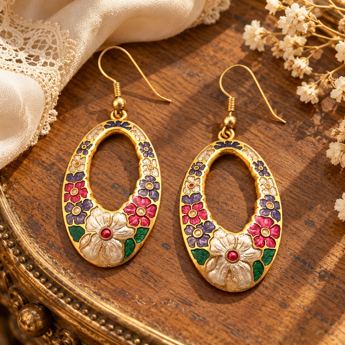 🌺 Vintage Chic | Enamel Florals for Soirées | Her Gilded Oval Earrings