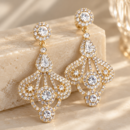 💎 Crystal Earrings | Gold-Tone | Evening | Her Gift | Geometric Elegance