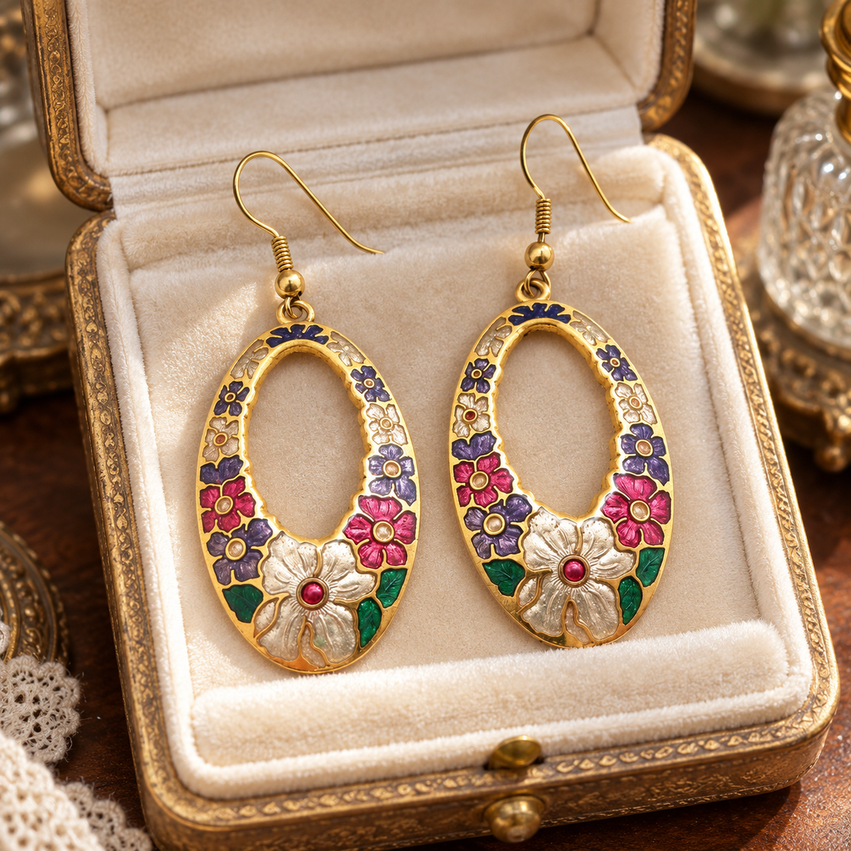 🌺 Vintage Chic | Enamel Florals for Soirées | Her Gilded Oval Earrings