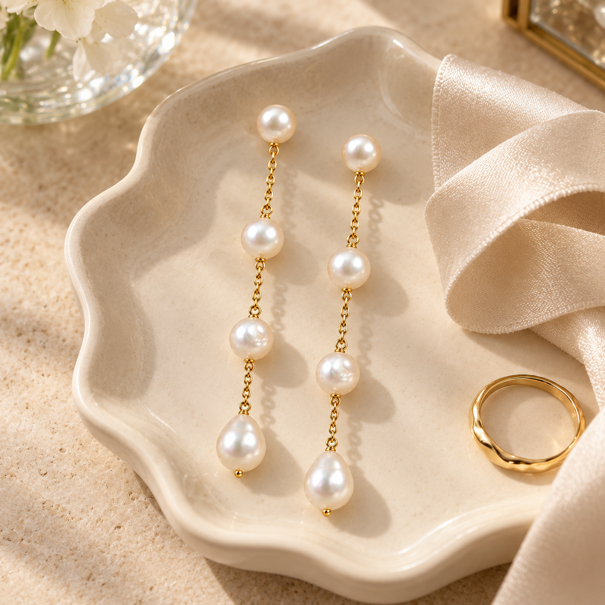 🌙 Pearl Earrings | Gold-Chain | Eveningwear | Her Gift | Luminous Drops