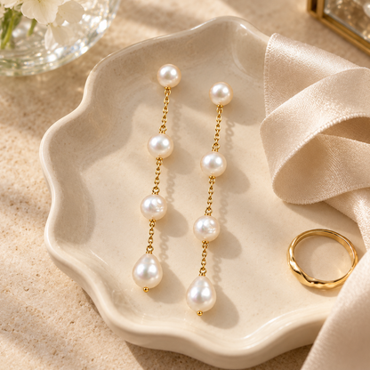 🌙 Pearl Earrings | Gold-Chain | Eveningwear | Her Gift | Luminous Drops