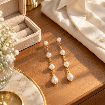 🌙 Pearl Earrings | Gold-Chain | Eveningwear | Her Gift | Luminous Drops
