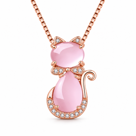 💗 Statement Jewelry | Rose Gold Pink Crystal Charm | Sweet Cat Pendant Necklace