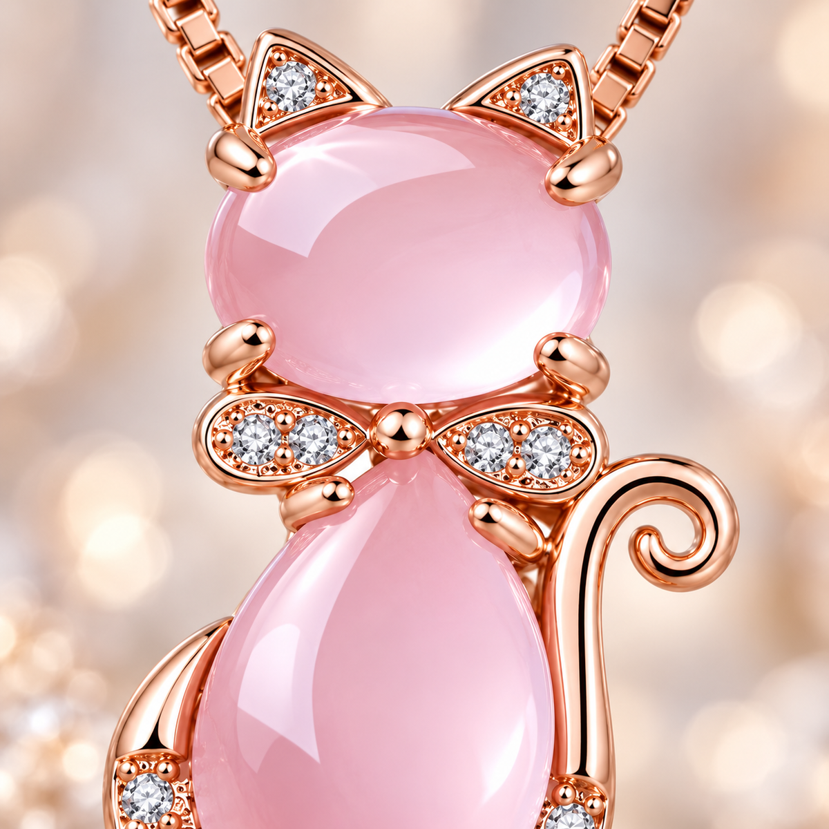 💗 Statement Jewelry | Rose Gold Pink Crystal Charm | Sweet Cat Pendant Necklace
