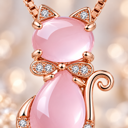 💗 Statement Jewelry | Rose Gold Pink Crystal Charm | Sweet Cat Pendant Necklace