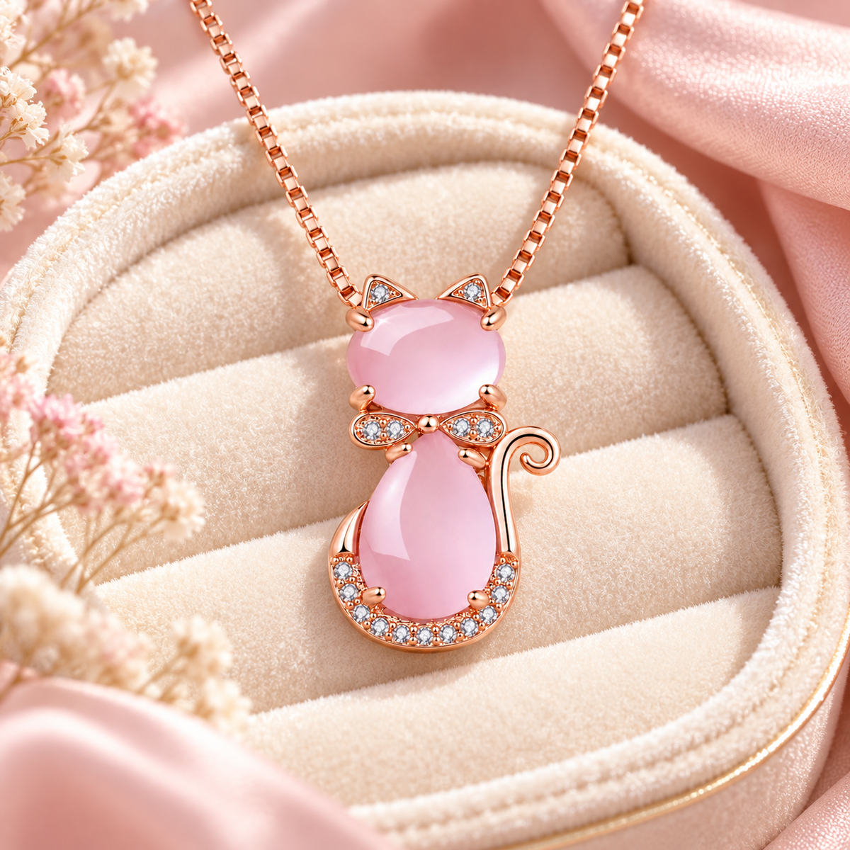 💗 Statement Jewelry | Rose Gold Pink Crystal Charm | Sweet Cat Pendant Necklace