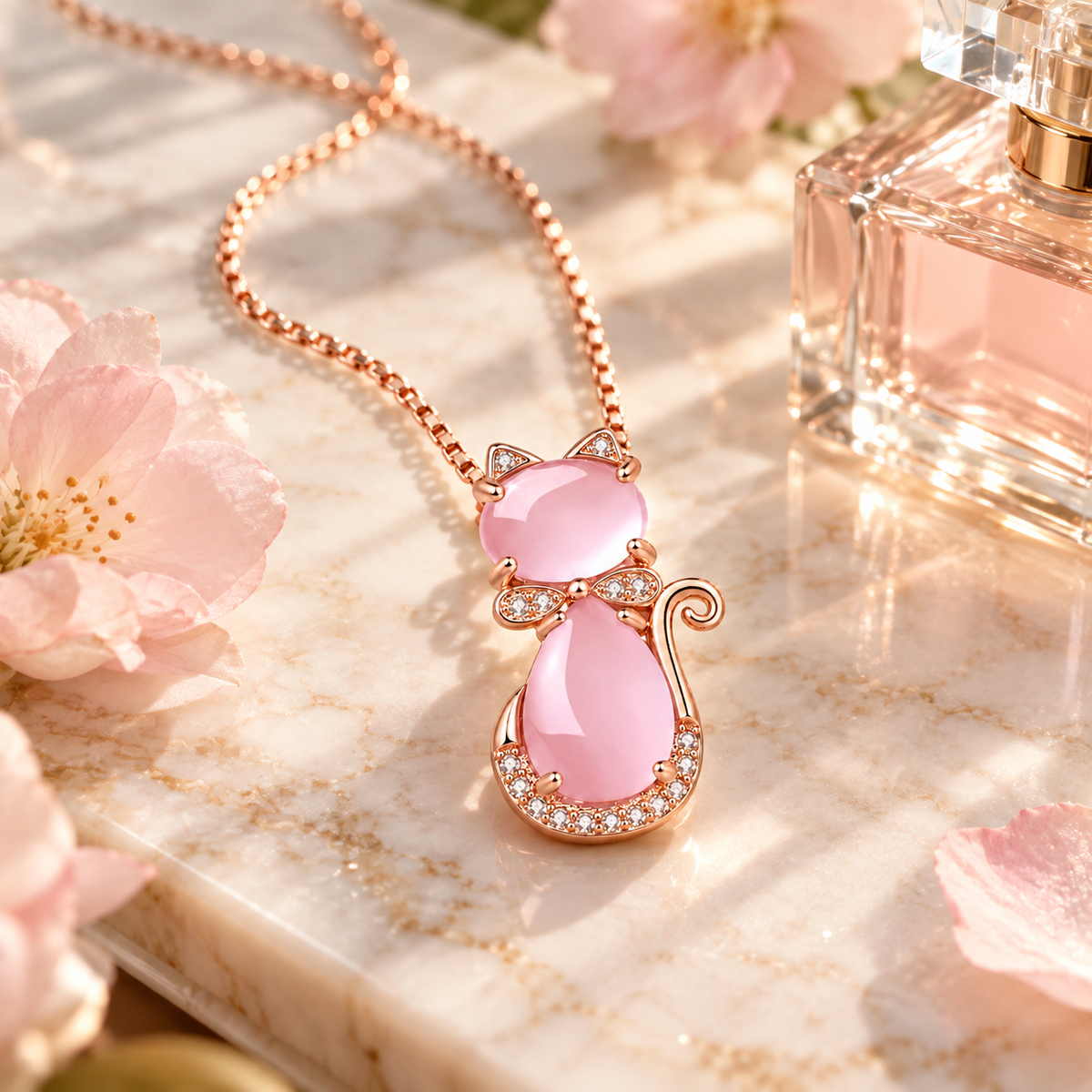 💗 Statement Jewelry | Rose Gold Pink Crystal Charm | Sweet Cat Pendant Necklace