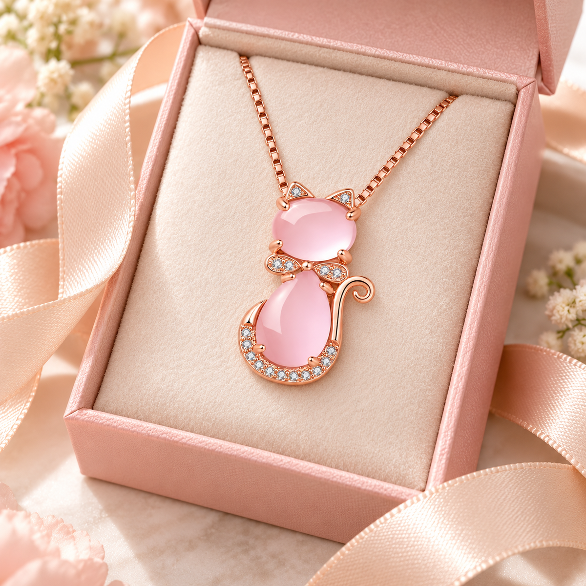 💗 Statement Jewelry | Rose Gold Pink Crystal Charm | Sweet Cat Pendant Necklace