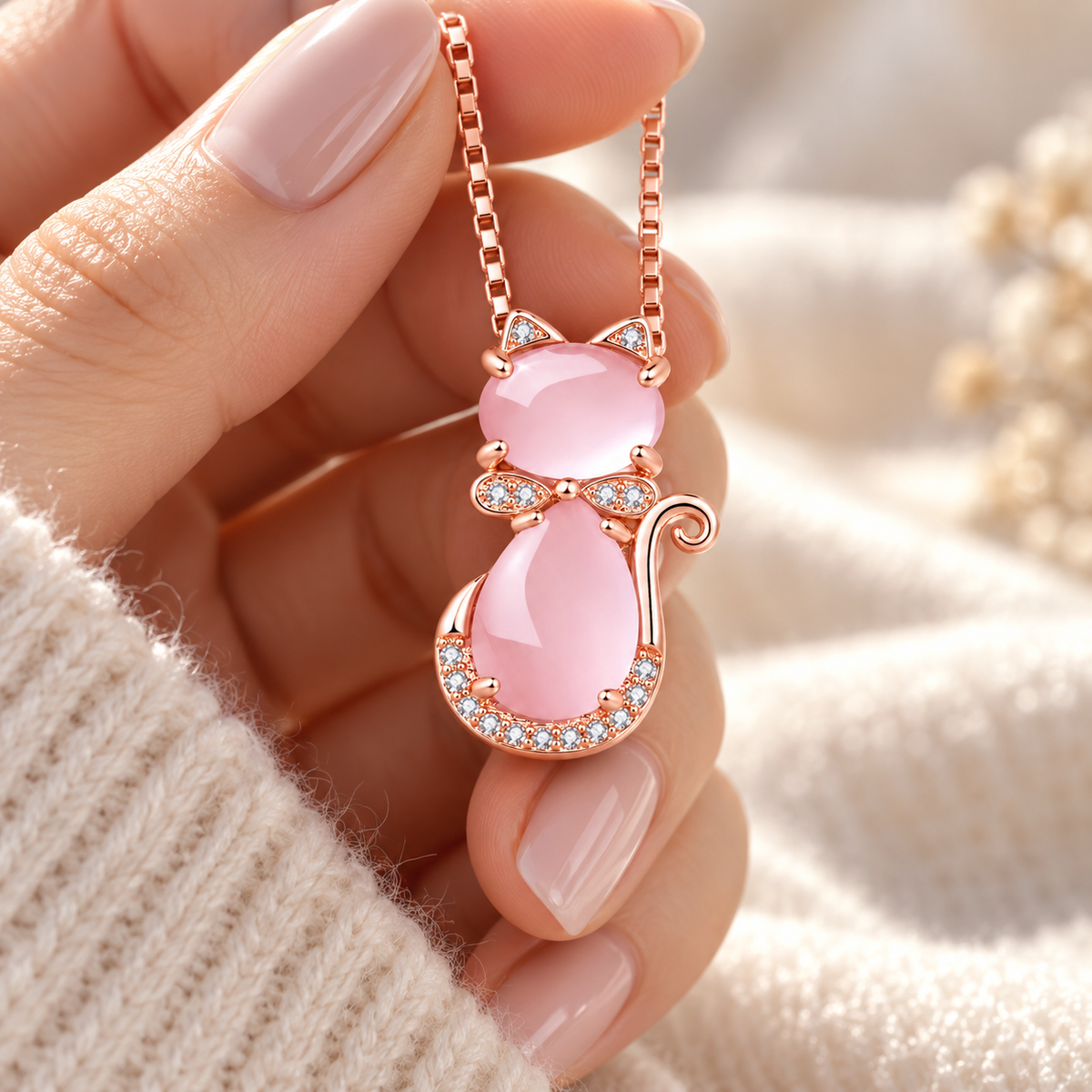 💗 Statement Jewelry | Rose Gold Pink Crystal Charm | Sweet Cat Pendant Necklace