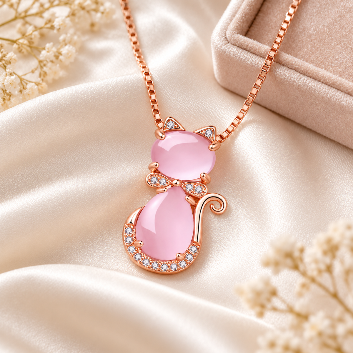 💗 Statement Jewelry | Rose Gold Pink Crystal Charm | Sweet Cat Pendant Necklace