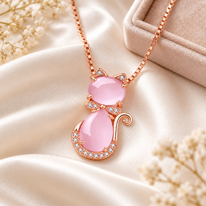 💗 Statement Jewelry | Rose Gold Pink Crystal Charm | Sweet Cat Pendant Necklace