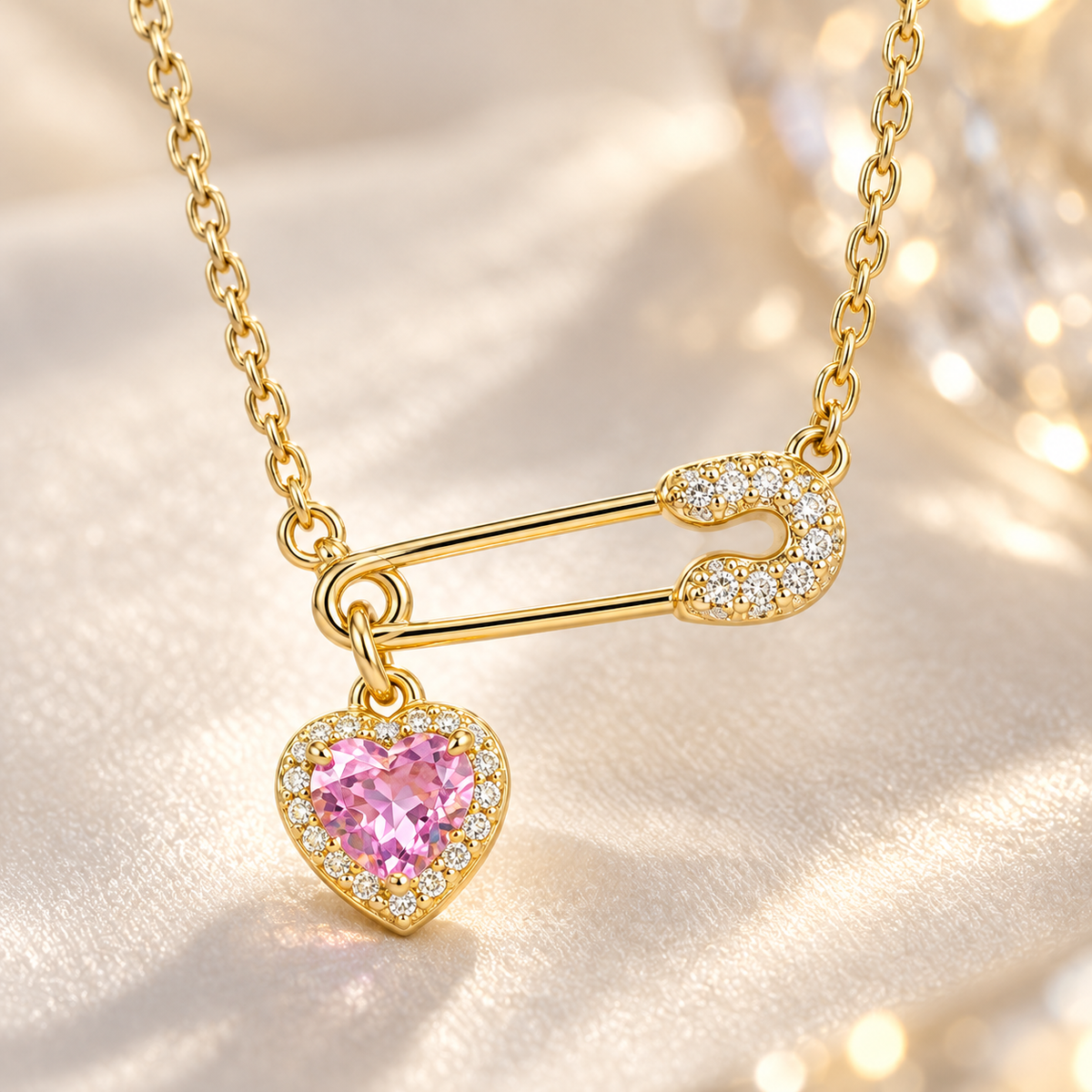 💖 Heart Necklace | Gold-Tone Crystal | Daily Wear | Romantic Gifting | Safety Pin Charm