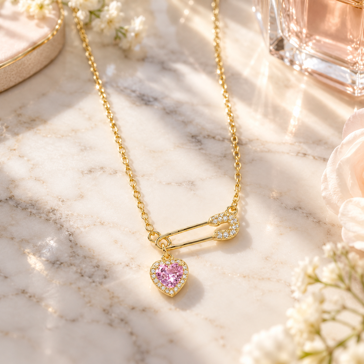 💖 Heart Necklace | Gold-Tone Crystal | Daily Wear | Romantic Gifting | Safety Pin Charm