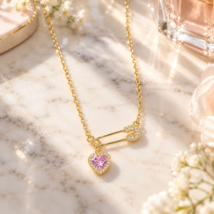 💖 Heart Necklace | Gold-Tone Crystal | Daily Wear | Romantic Gifting | Safety Pin Charm