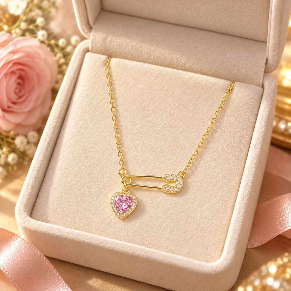 💖 Heart Necklace | Gold-Tone Crystal | Daily Wear | Romantic Gifting | Safety Pin Charm
