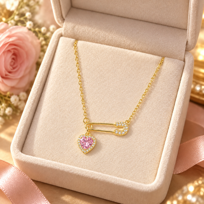 💖 Heart Necklace | Gold-Tone Crystal | Daily Wear | Romantic Gifting | Safety Pin Charm