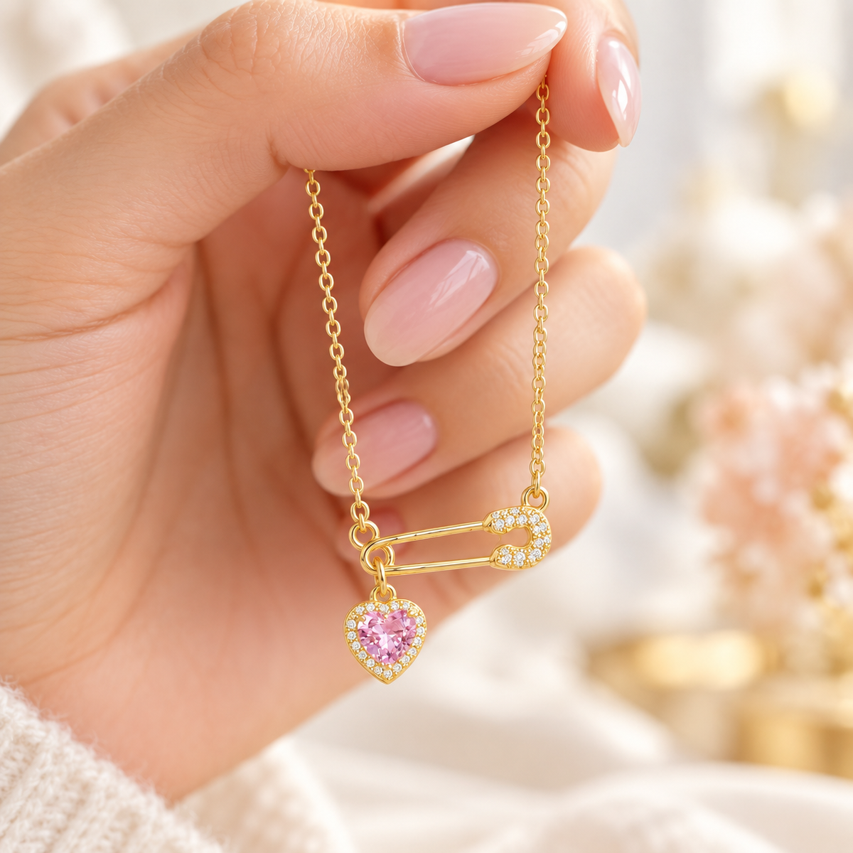 💖 Heart Necklace | Gold-Tone Crystal | Daily Wear | Romantic Gifting | Safety Pin Charm