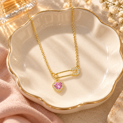 💖 Heart Necklace | Gold-Tone Crystal | Daily Wear | Romantic Gifting | Safety Pin Charm