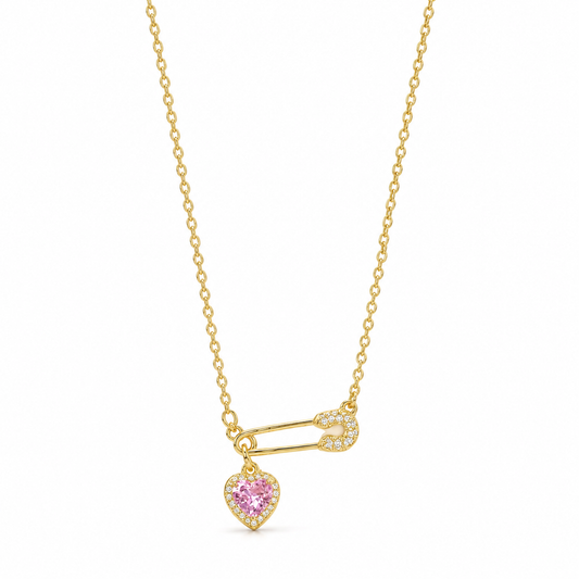 💖 Heart Necklace | Gold-Tone Crystal | Daily Wear | Romantic Gifting | Safety Pin Charm