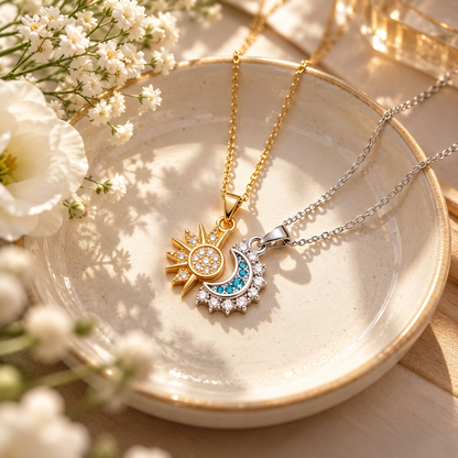 🌙 Celestial Necklace | Micro-Pavé Crystal | Daily Wear | Jewelry Lovers | Sun Moon Duo