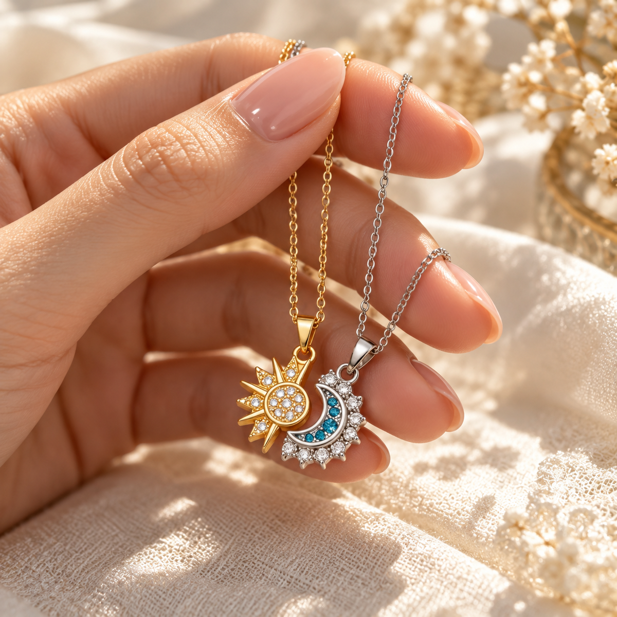 🌙 Celestial Necklace | Micro-Pavé Crystal | Daily Wear | Jewelry Lovers | Sun Moon Duo