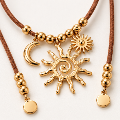 ☀️ Pendant Necklace | Braided Cord | Boho Styling | Jewelry Lovers | Sun Moon Charms