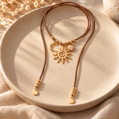 ☀️ Pendant Necklace | Braided Cord | Boho Styling | Jewelry Lovers | Sun Moon Charms
