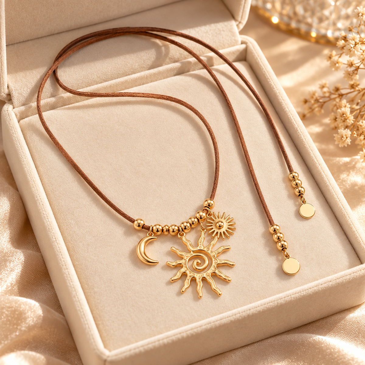 ☀️ Pendant Necklace | Braided Cord | Boho Styling | Jewelry Lovers | Sun Moon Charms
