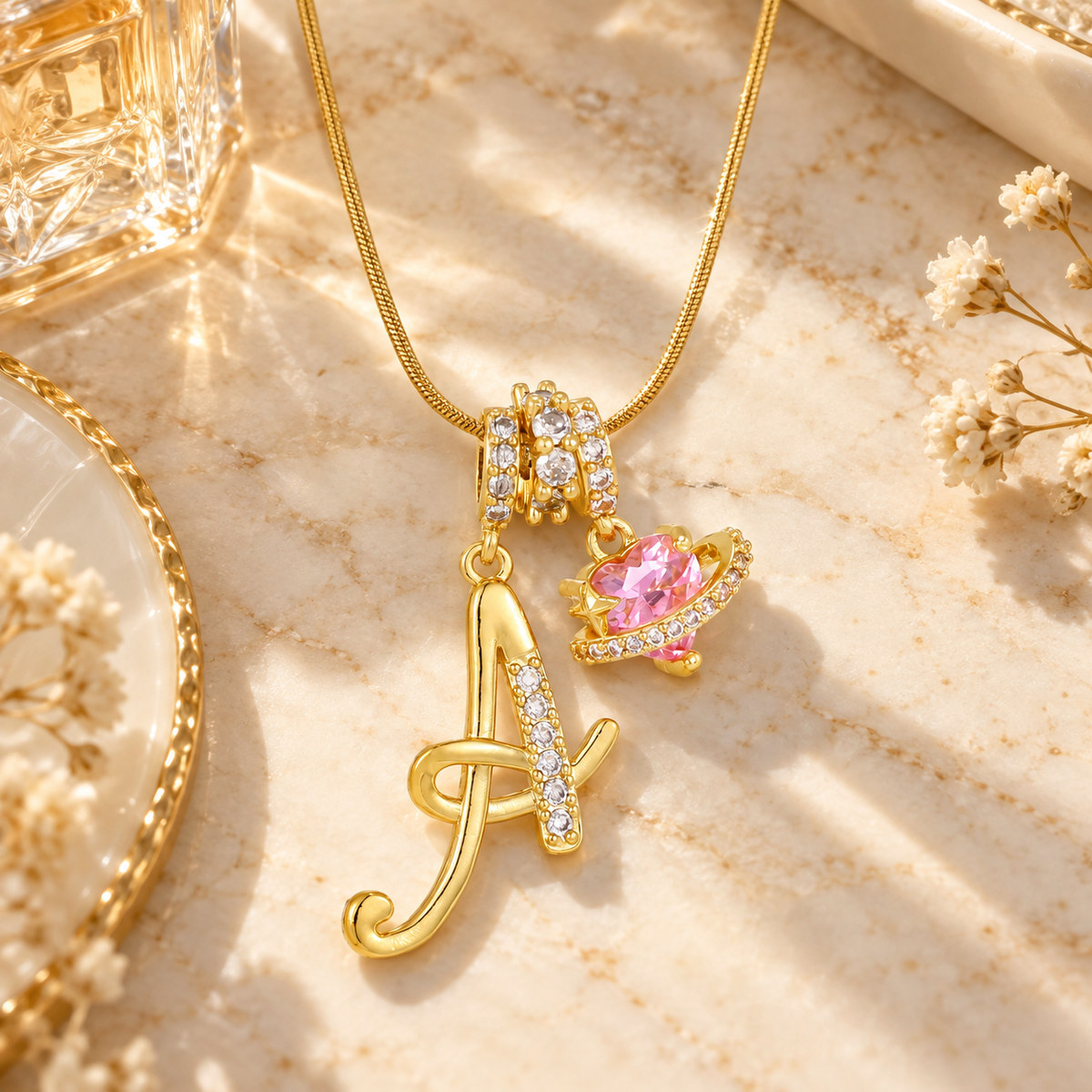 💫 Initial Necklace | Gold Crystal | Daily Wear | Her | Heart-Planet