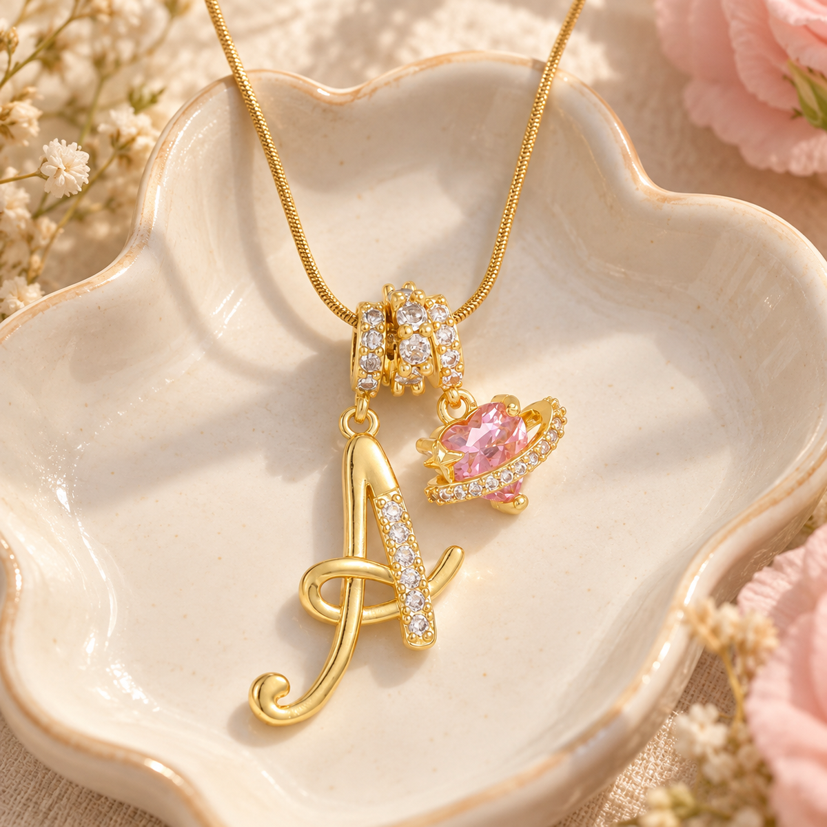 💫 Initial Necklace | Gold Crystal | Daily Wear | Her | Heart-Planet