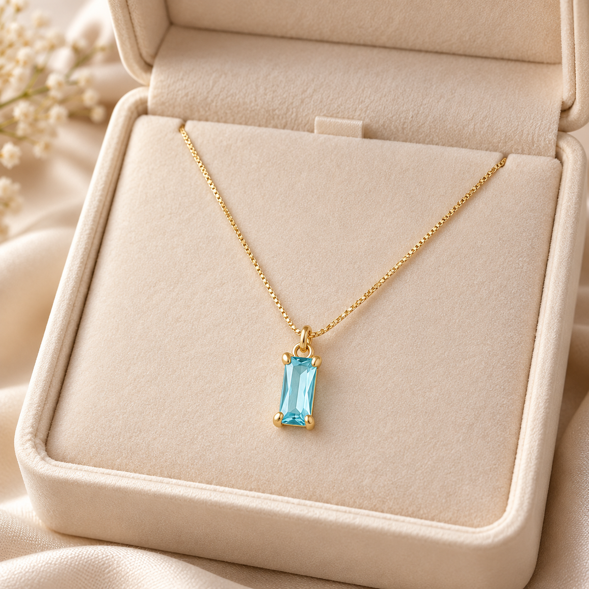 💙 Birthstone Necklace | Gold-Tone Crystal | Daily Wear | Her | Sky-Blue Gem