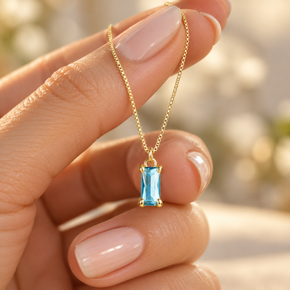 💙 Birthstone Necklace | Gold-Tone Crystal | Daily Wear | Her | Sky-Blue Gem