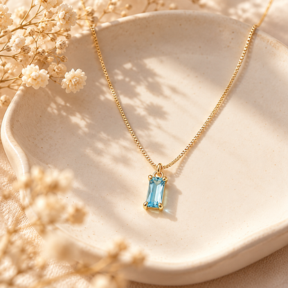 💙 Birthstone Necklace | Gold-Tone Crystal | Daily Wear | Her | Sky-Blue Gem