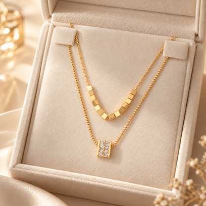 ✨ Layered Necklace | Gold-Tone Zircon | Daily Wear | Jewelry Lovers | Double-Layer Sparkle