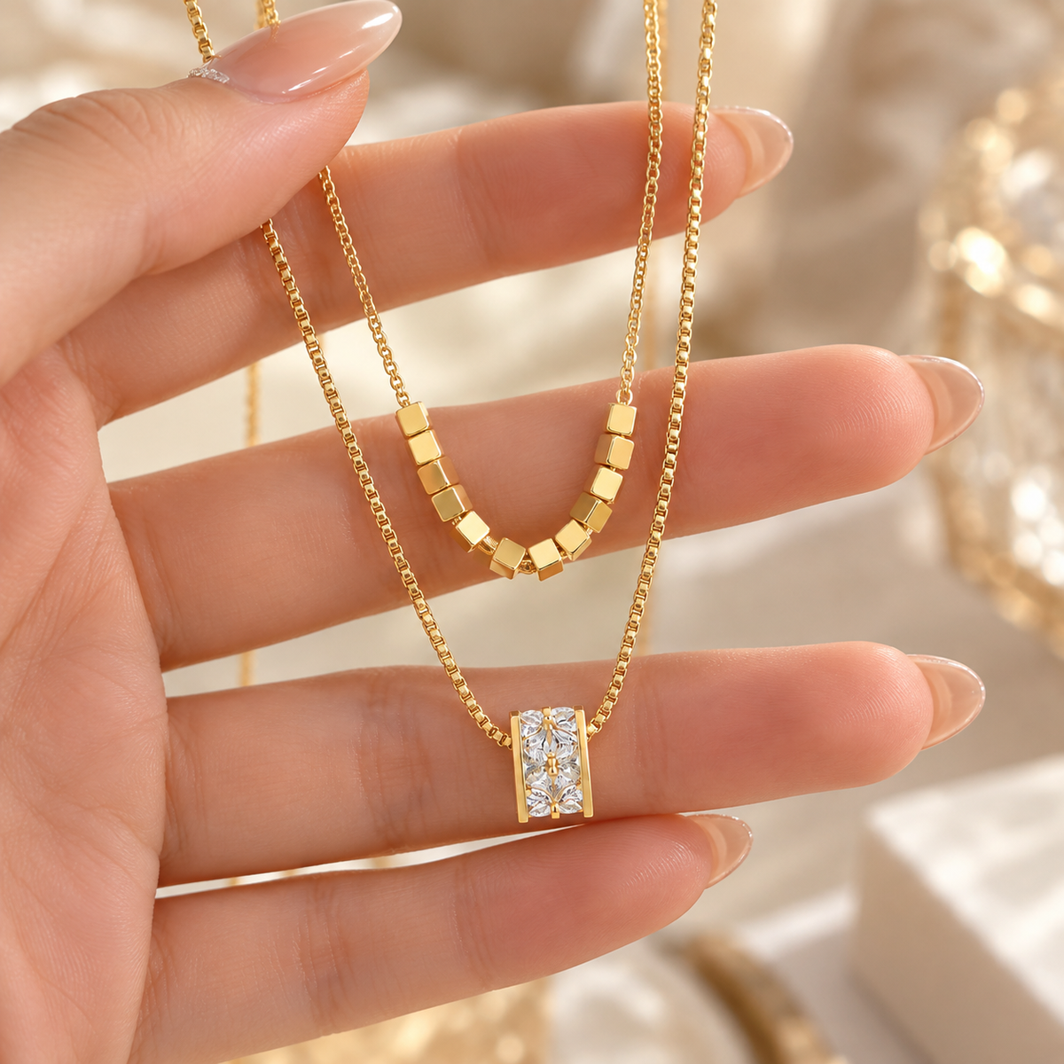 ✨ Layered Necklace | Gold-Tone Zircon | Daily Wear | Jewelry Lovers | Double-Layer Sparkle