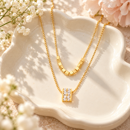✨ Layered Necklace | Gold-Tone Zircon | Daily Wear | Jewelry Lovers | Double-Layer Sparkle