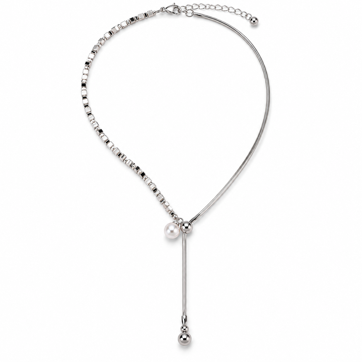 🤍 Pearl Necklace | Silver-Tone Beads | Daily Wear | Jewelry Lovers | Asymmetrical Drop Detail