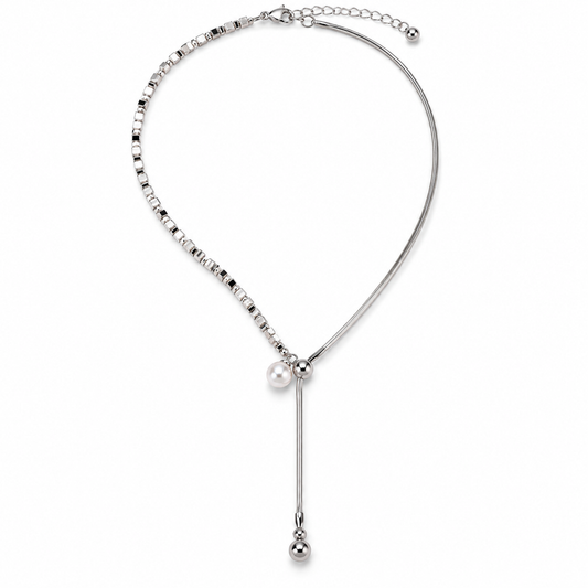 🤍 Pearl Necklace | Silver-Tone Beads | Daily Wear | Jewelry Lovers | Asymmetrical Drop Detail