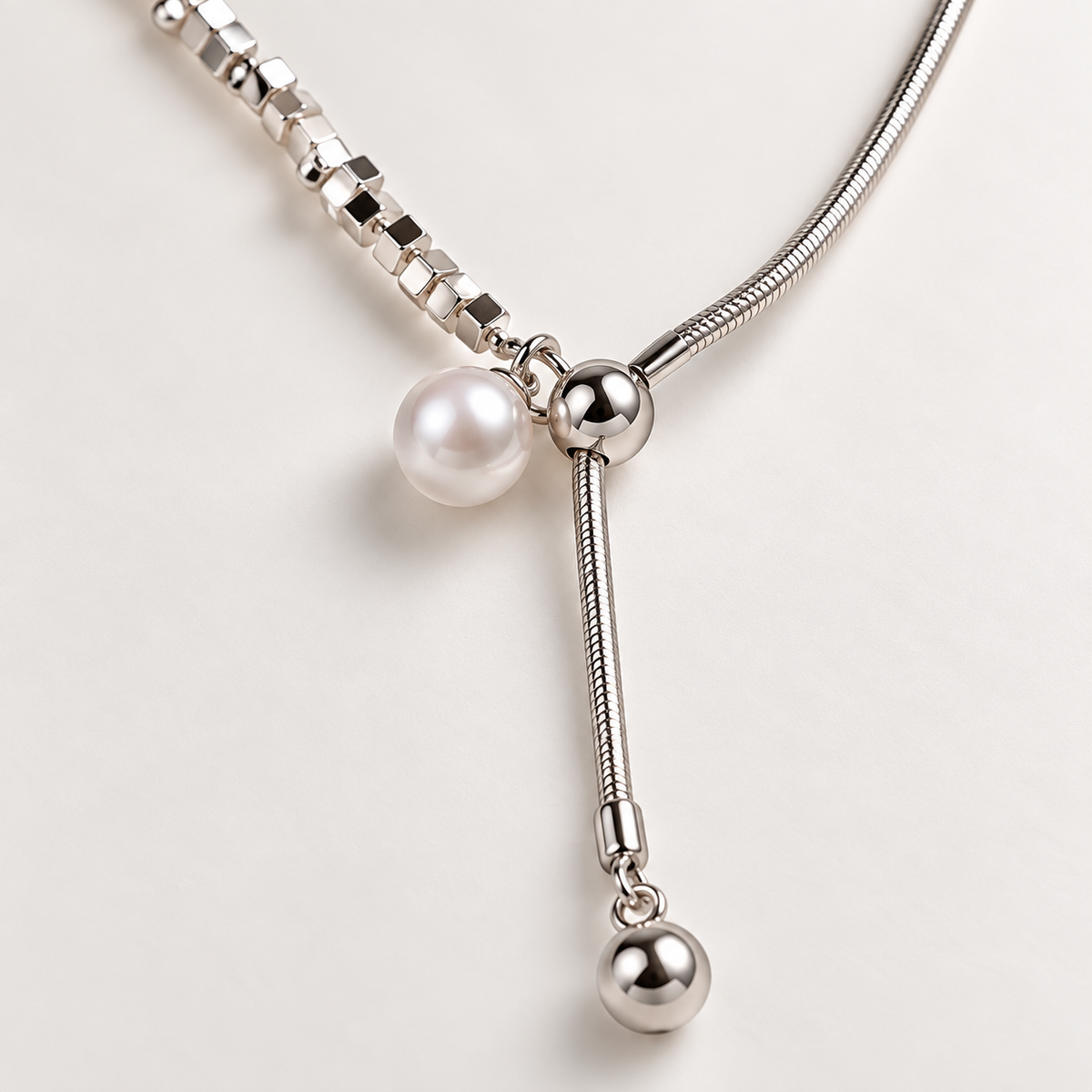 🤍 Pearl Necklace | Silver-Tone Beads | Daily Wear | Jewelry Lovers | Asymmetrical Drop Detail