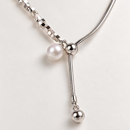 🤍 Pearl Necklace | Silver-Tone Beads | Daily Wear | Jewelry Lovers | Asymmetrical Drop Detail