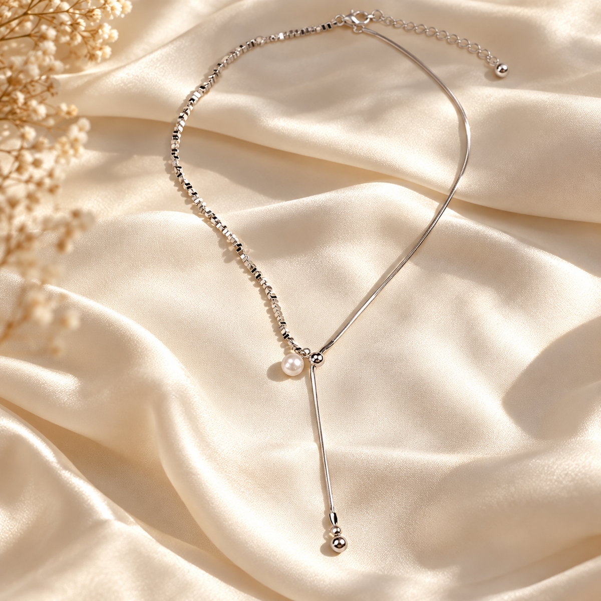 🤍 Pearl Necklace | Silver-Tone Beads | Daily Wear | Jewelry Lovers | Asymmetrical Drop Detail