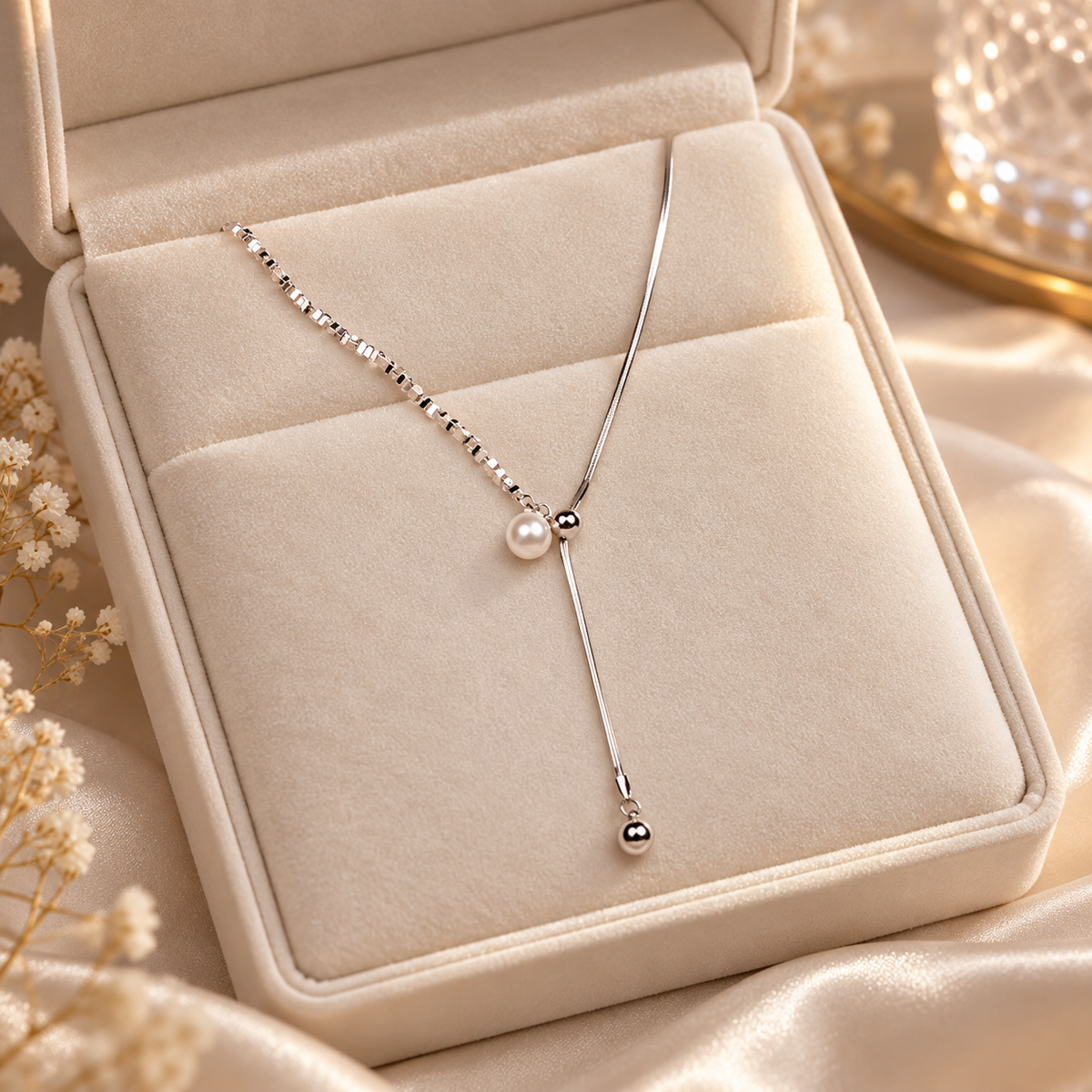 🤍 Pearl Necklace | Silver-Tone Beads | Daily Wear | Jewelry Lovers | Asymmetrical Drop Detail