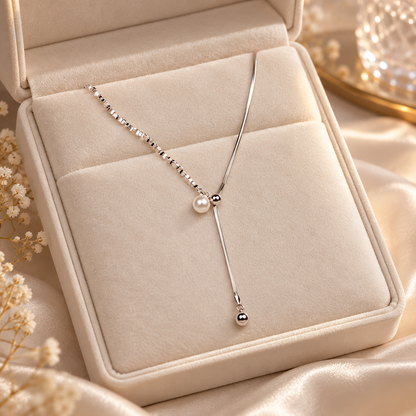 🤍 Pearl Necklace | Silver-Tone Beads | Daily Wear | Jewelry Lovers | Asymmetrical Drop Detail