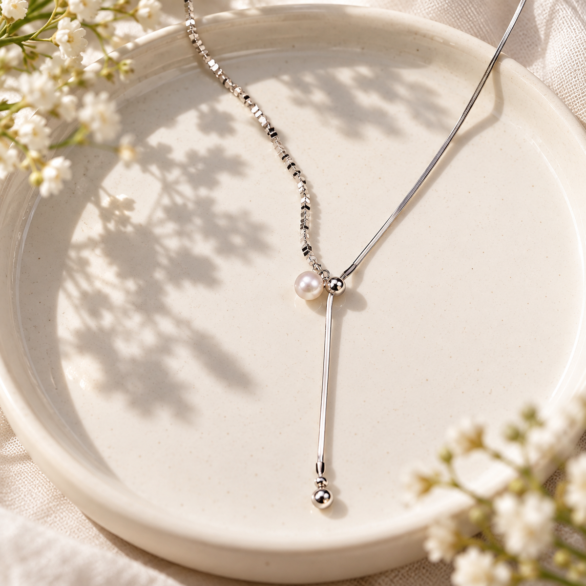 🤍 Pearl Necklace | Silver-Tone Beads | Daily Wear | Jewelry Lovers | Asymmetrical Drop Detail