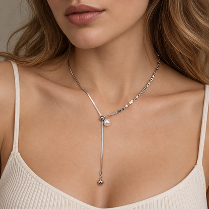 🤍 Pearl Necklace | Silver-Tone Beads | Daily Wear | Jewelry Lovers | Asymmetrical Drop Detail