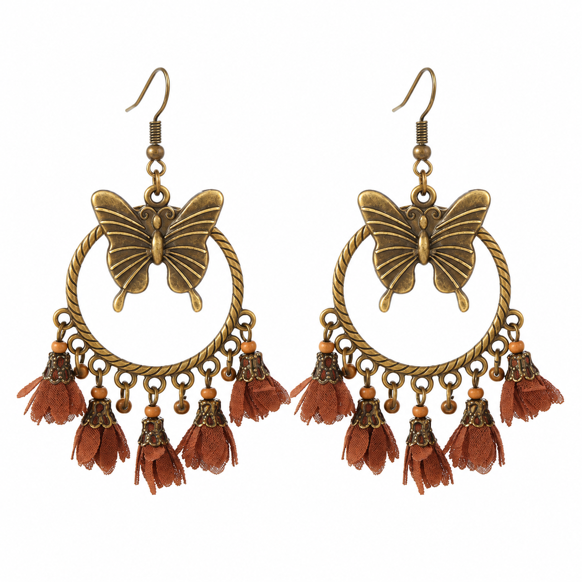 🦋 Boho Earrings | Antique Gold Metal | Festival Wear | Free Spirits | Butterfly Tassel Drops