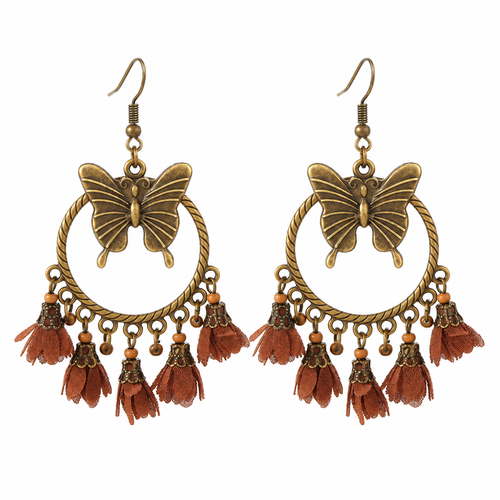 🦋 Boho Earrings | Antique Gold Metal | Festival Wear | Free Spirits | Butterfly Tassel Drops