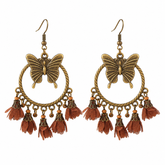 🦋 Boho Earrings | Antique Gold Metal | Festival Wear | Free Spirits | Butterfly Tassel Drops