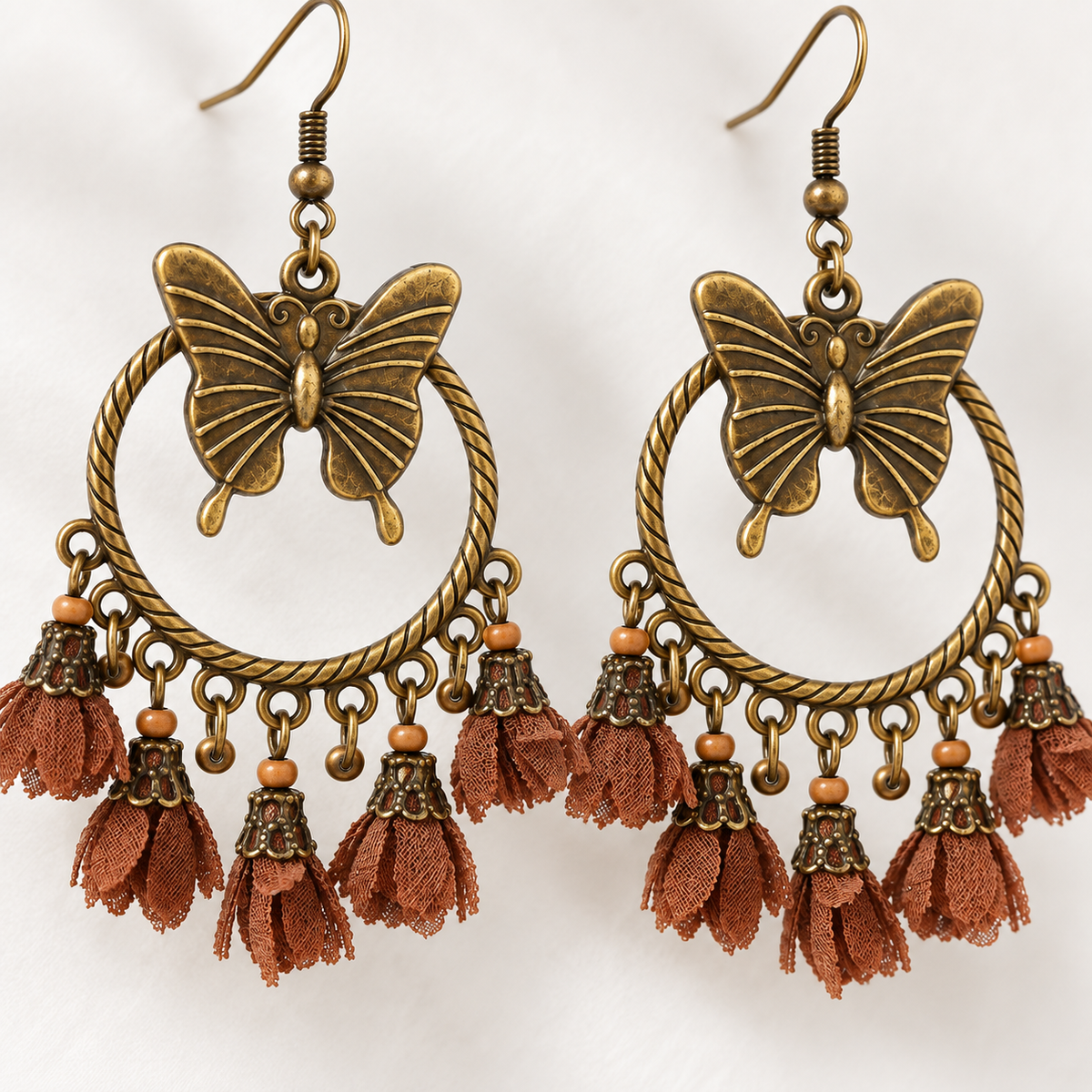🦋 Boho Earrings | Antique Gold Metal | Festival Wear | Free Spirits | Butterfly Tassel Drops