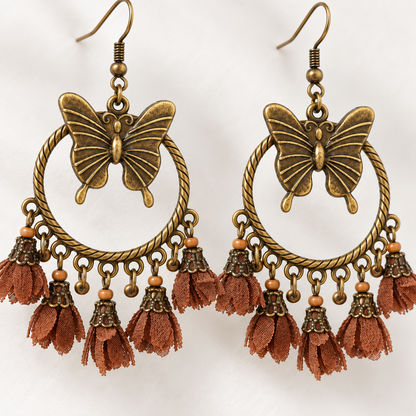 🦋 Boho Earrings | Antique Gold Metal | Festival Wear | Free Spirits | Butterfly Tassel Drops